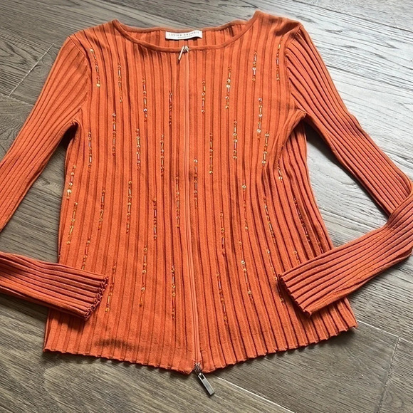 🔥lucien Daunois🔥 | Vintage orange knit beaded  zip up cardigan - Picture 2 of 10